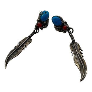 Vintage Navajo Sterling Silver Feather Drop Earrings With Turquoise & Coral